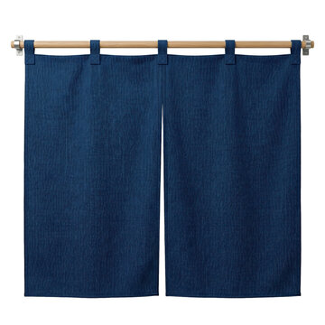 Dark blue hanging fabric curtain on wooden rod