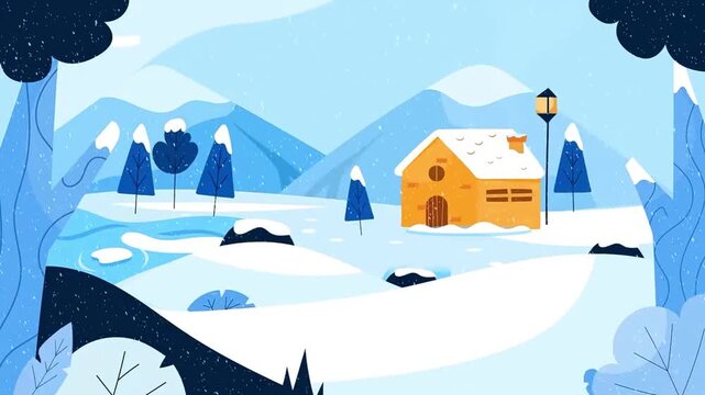 Cozy Winter Cabin in Snowy Landscape with Animated Smoke and Falling Snow Loop