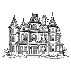 Fototapeta premium Grand Victorian Haunted Mansion Line Art