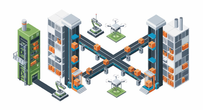 Automated warehouse logistics system with robotic arms and drones.