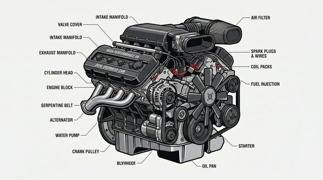 Detailed Illustration of a High-Performance V8 Engine with Labeled Components
