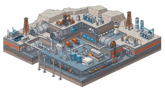 Cross section illustration of a modern industrial power plant facility.