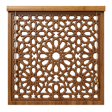 Square carved wooden lattice panel with intricate Islamic geometric pattern