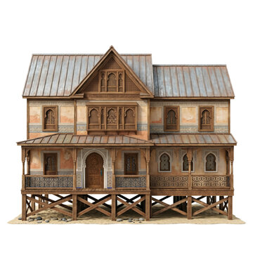Detailed model of a traditional ornate wooden house on stilts