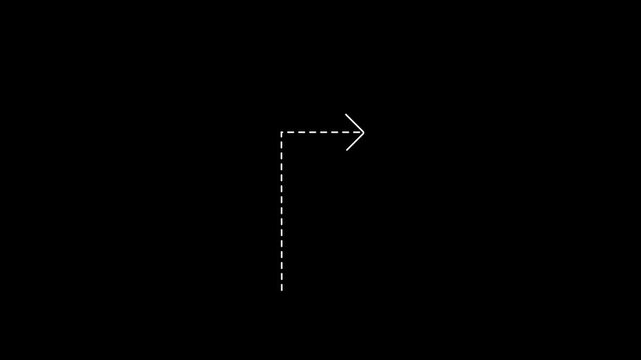 Minimalist animated dashed line arrow turning right, clean white on black background, motion and digital presentations