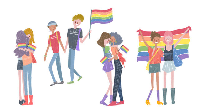 celebrating Pride Month with diverse friends showing support, unity, inclusion, and equality hand drawn illustration 