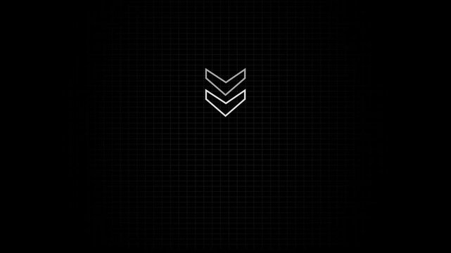Minimalist digital downward arrow animation on dark grid background, smooth looping directional indicator