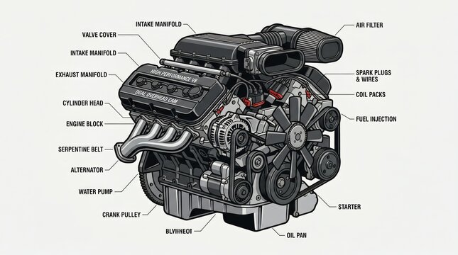 Detailed illustration of a high-performance V8 internal combustion engine with labeled components