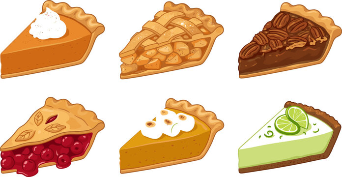 Delicious Pie Slice Vector Set Featuring Pumpkin Apple Pecan Cherry and Lime Slices for Thanksgiving Bakery Menus and Dessert Graphic Designs