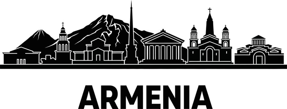 Armenia skyline silhouette with mountain backdrop and bold country name