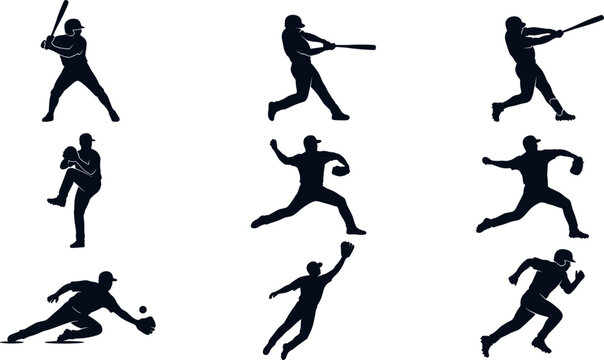 Baseball Player Silhouette Vector Set Featuring Batter Pitcher and Fielder Icons for Sports Logos Tournament Posters and Athletic Graphic Designs