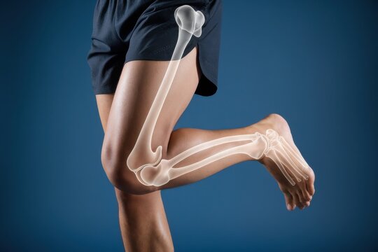 Human leg anatomy with visible femur, tibia, fibula and foot bones