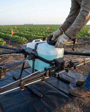 Agricultural spray drone tank checked before field takeoff