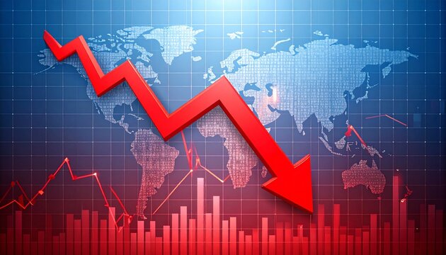 A declining red graph line with arrow points down on a world map background with bar charts.