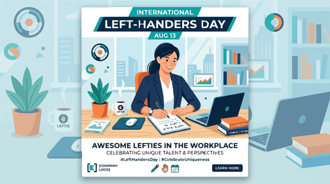 International Left-Handers Day, office illustration, workplace celebration, left-handed awareness
