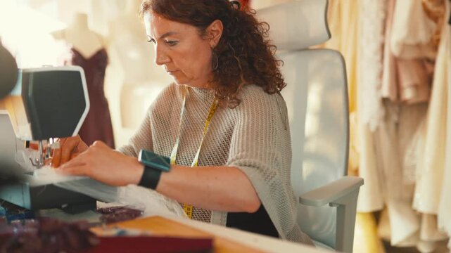 Sewing fabric into a dress in a workshop during the afternoon