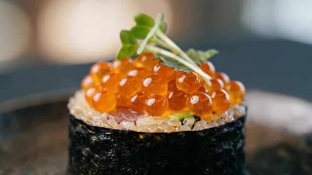 Gourmet sushi roll topped with fresh orange salmon roe and microgreens on a dark textured plate