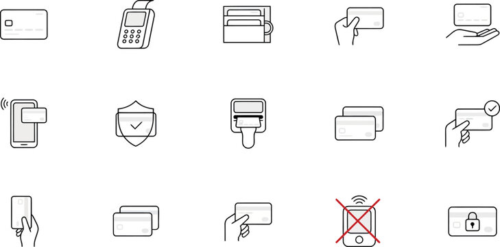 Set of Credit Card and Payment Transaction Icons for Financial Technology and E-commerce