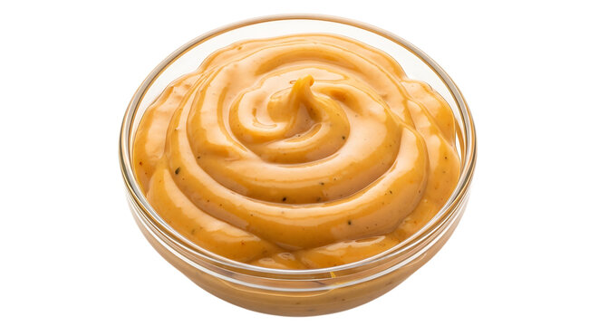 Creamy orange sauce in a glass bowl swirling texture and glossy finish on transparent background condiment swirl food