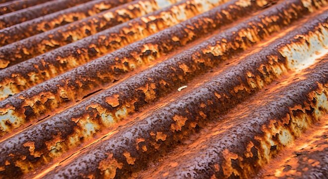 Corrugated iron roof detail showing extensive rust and weathering close up view