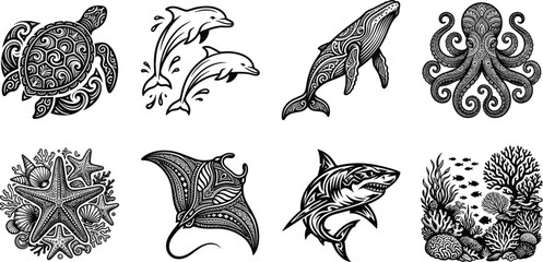 Black and white ornate tribal style vector illustrations of marine animals including turtle dolphin whale octopus starfish stingray and shark © Gauranga