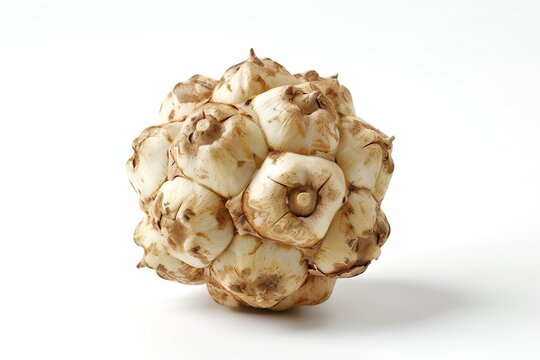 Close up of an arrowroot tuber resting on a pristine white backdrop, showcasing its unique texture and bulbous segments