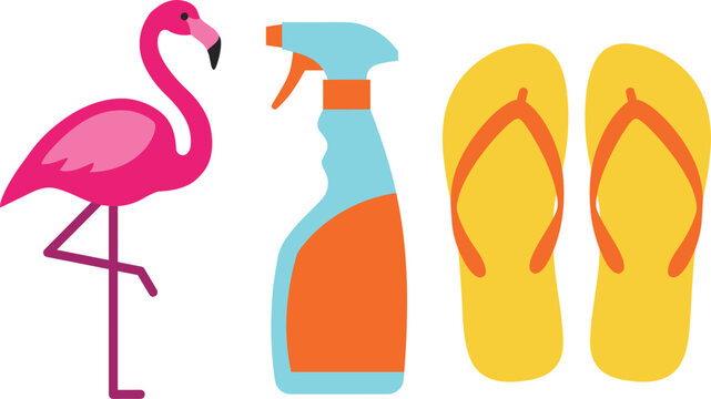 Summer vacation essentials collection featuring flamingo spray bottle and flip flops vector illustration