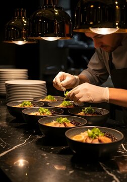Chef plating gourmet dishes in a restaurant with a black marble background