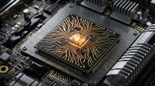 Close up of advanced neuro mimetic AI processor chip on complex electronic circuit board, symbolizing artificial intelligence and futuristic technology innovation, data processing.