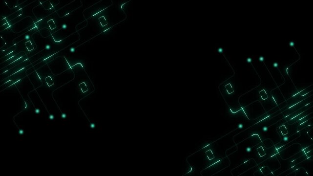 Abstract AI circuit board background. neon line animated . Technology connected blue lines with electronics elements on tech bg. Computer motherboard with a chip, processor, on transparent .