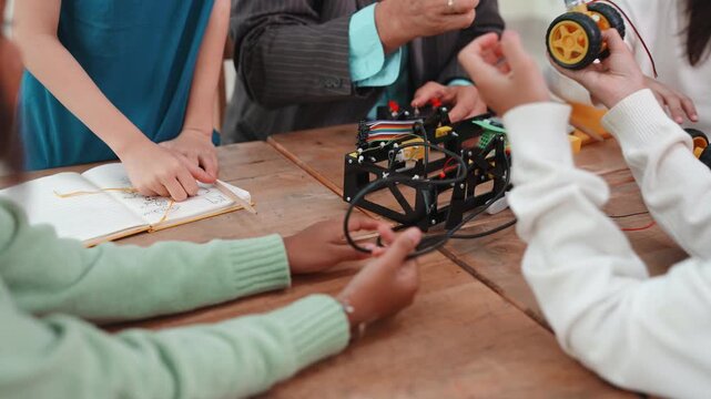 Close up of diverse students and teacher hands building a robot. Teamwork and collaboration during a STEM science project in elementary school.