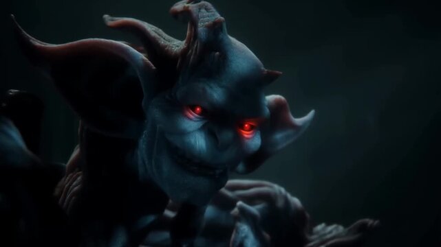 Evil Fantasy Creature with Glowing Red Eyes and Sinister Grin. Ominous Digital Art Portrait of a Menacing Monster Character