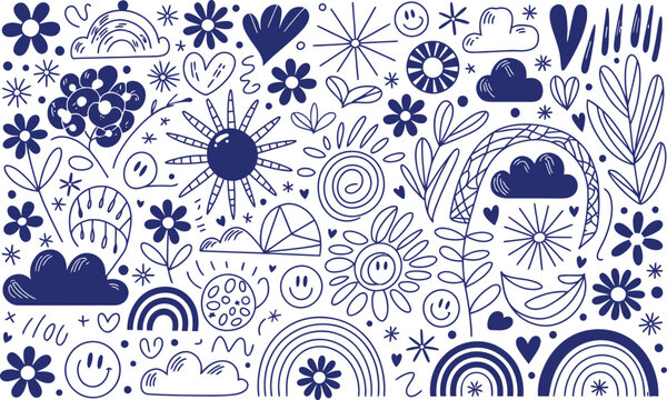 Abstract nature and weather doodle pattern with sun rainbows and plants abstract collection handdrawn background elements positive meteorology creative illustration wallpaper decorative