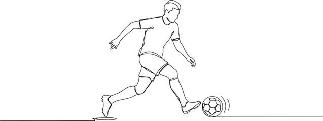 Fototapeta premium Football, soccer player with ball one line art. Continuous line drawing game, sport, soccer ball, activity, training, running, cleats. one line Icon drawing