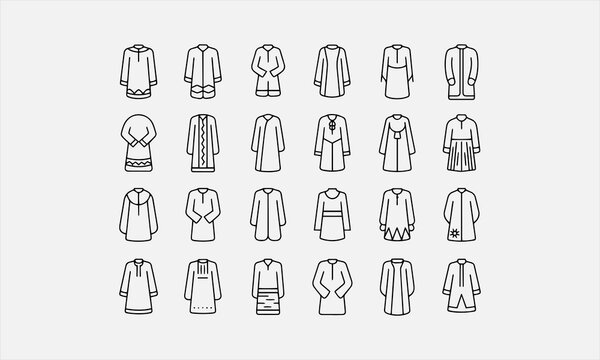 Baju Kurung for Eid Mubarak line art icon set vector illustration