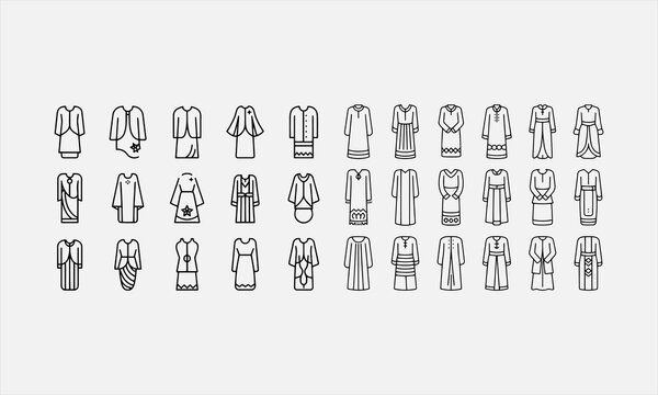 Baju Kurung for Eid Mubarak line art icon set vector illustration