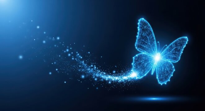Glowing digital butterfly with light particles on a dark blue background illustration