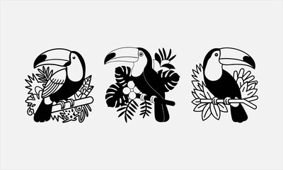 Obraz premium Colorful Toucan in Tropical Jungle Vector line art icon set Illustration