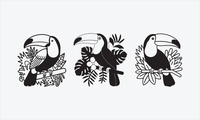 Obraz premium Colorful Toucan in Tropical Jungle Vector line art icon set Illustration
