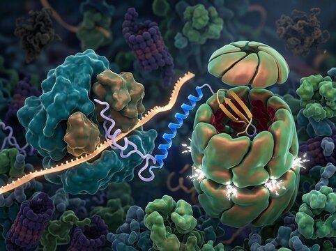 Complex molecular structure showing protein folding and interaction within a cellular environment, illustrating intricate biological processes at a microscopic level.