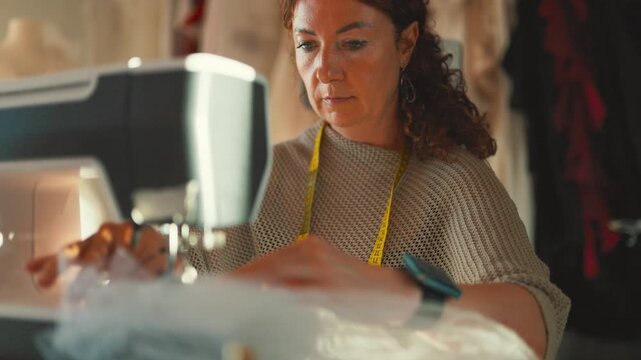 Sewing clothes in a small workshop in the afternoon light with a woman focused on her work