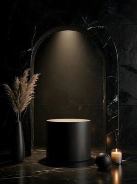 Elegant product display with black marble background pedestal and pampas grass