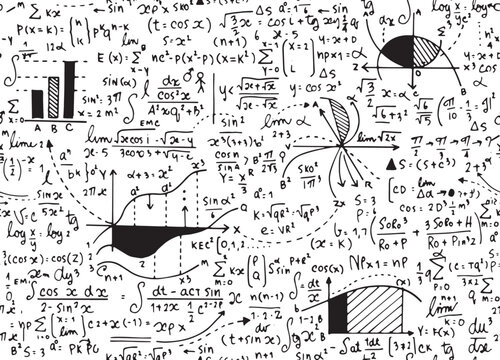 Mathematical equations and formulas in black on white background