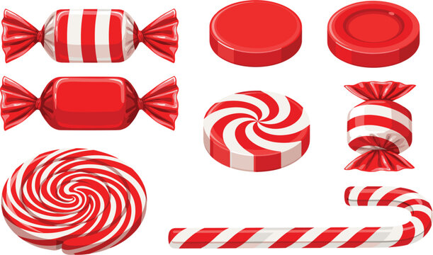 Red and white peppermint candy vector set featuring lollipops candy canes and wrapped sweets isolated on white background