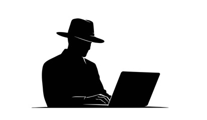 Person in fedora hat working on laptop in dim lighting Vector © MST SUETI