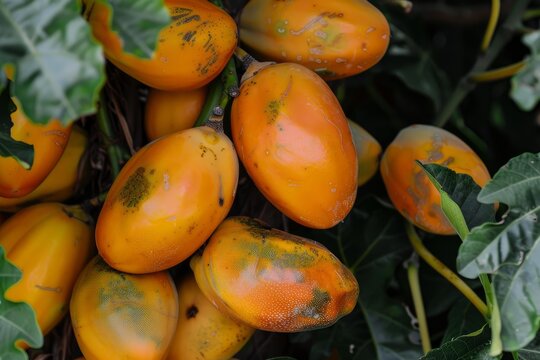 Close up of ripe orange eggfruit growing on a branch, showcasing its unique texture and color