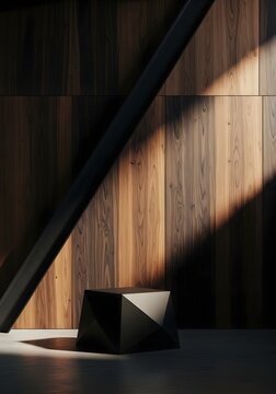 Geometric pedestal with wooden wall and sunlight on black marble background