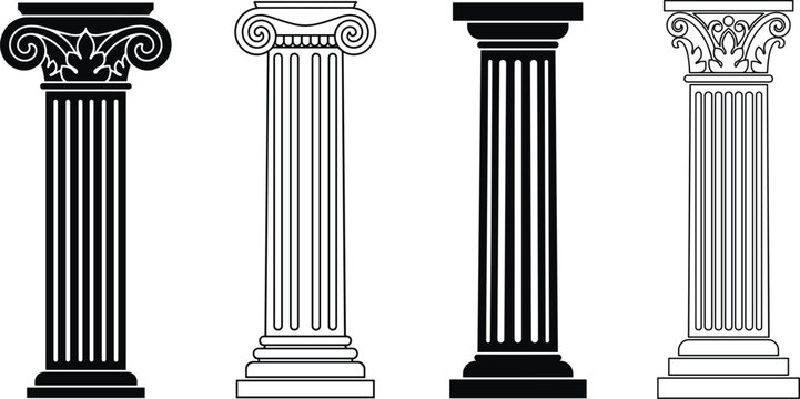 Classical architectural columns collection featuring Corinthian Ionic and fluted pillar designs vector illustration