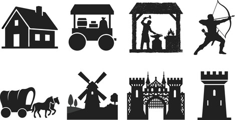 Obraz premium Black and white silhouette icons of medieval village life including castle tower windmill blacksmith archer house and horse wagon