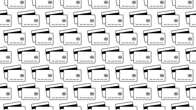 Repeatable seamless pattern featuring minimal line art style credit and debit payment cards on a transparent background for e-commerce, banking websites, fintech branding, or digital payment concepts.